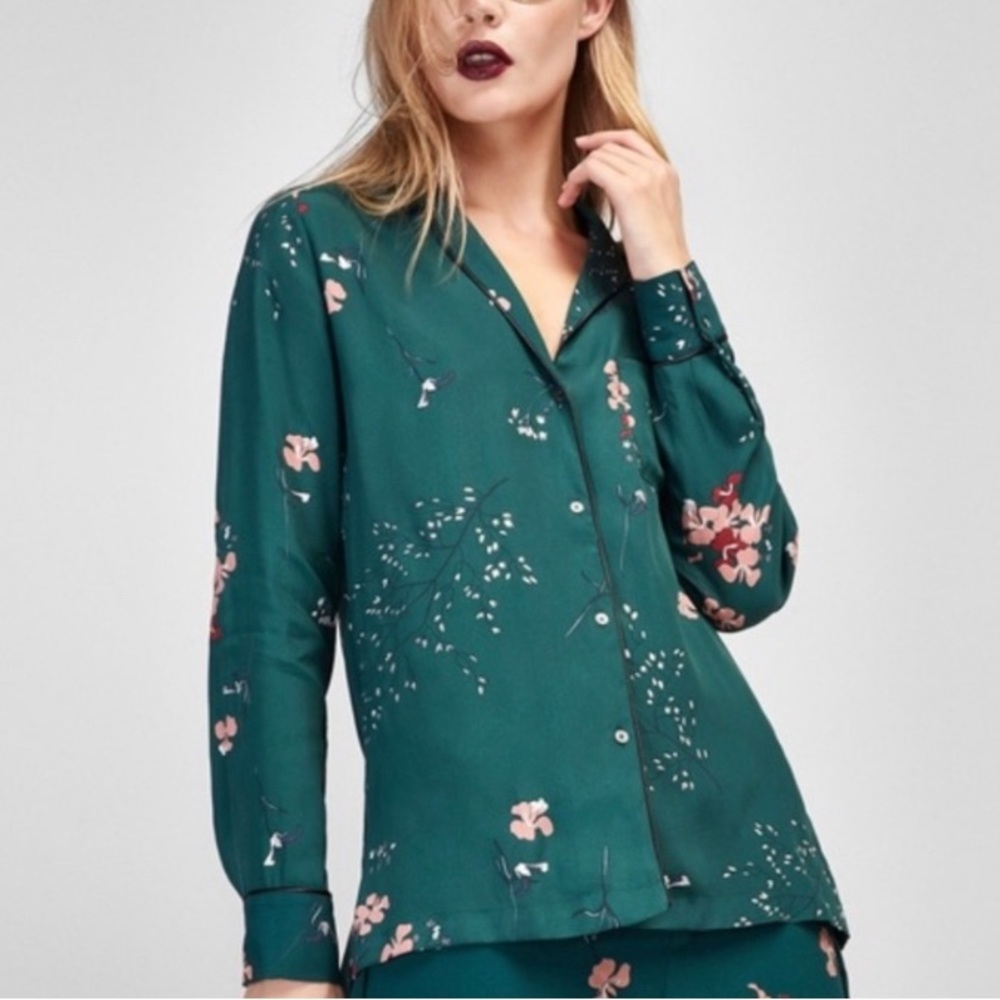 Massimo Dutti Emerald Green Floral Button Up Blouse Size 6